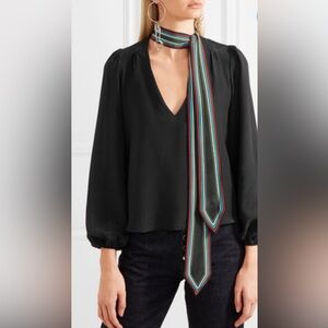 RIXO Silk Blouse Black, Long Sleeve with Mock Neck
Sash-Tie. Size S